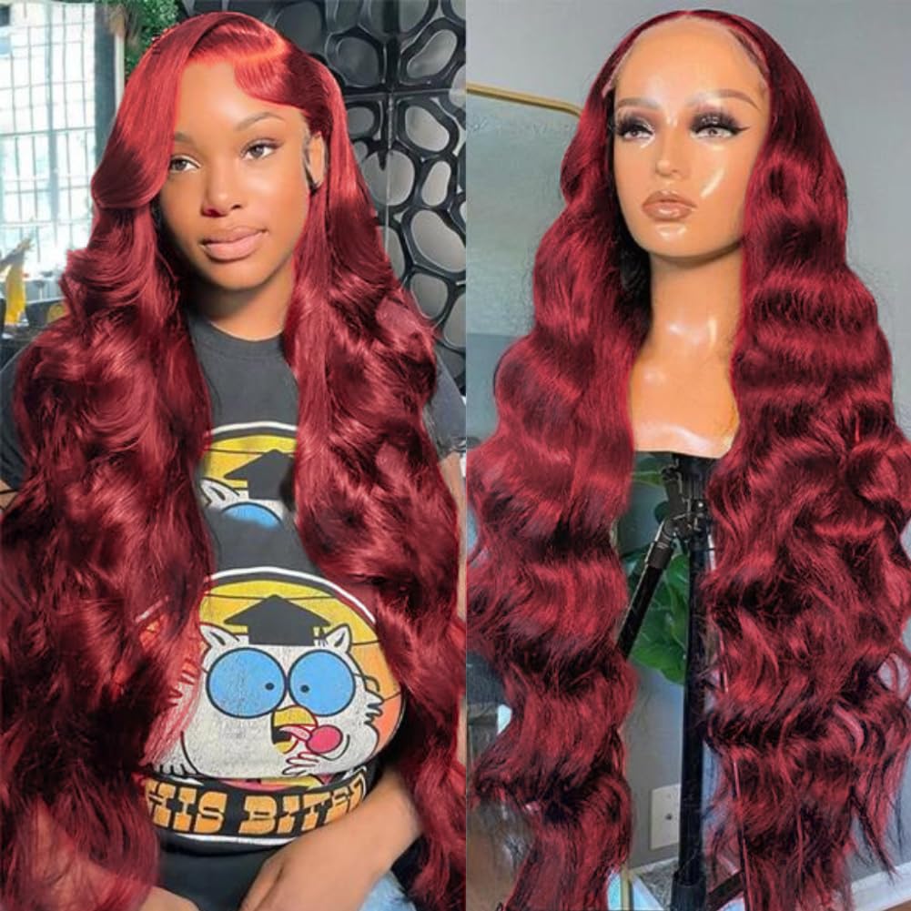 99j Burgundy Lace Front Wigs Human Hair Glueless Wine Red Colored Body Wave Wigs Pre Plucked with Baby Hair 180 Density 13x4 HD Transparent Frontal Wigs for Women