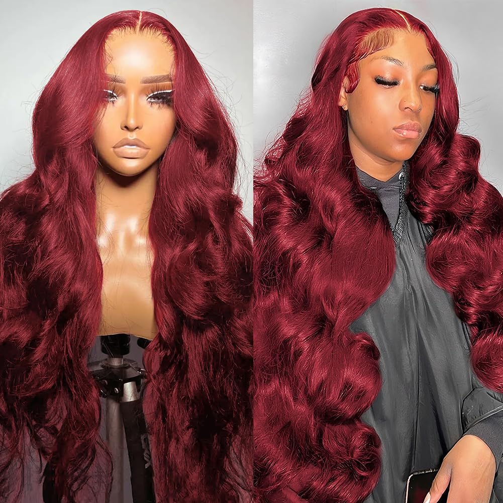 99j Burgundy Lace Front Wigs Human Hair Glueless Wine Red Colored Body Wave Wigs Pre Plucked with Baby Hair 180 Density 13x4 HD Transparent Frontal Wigs for Women