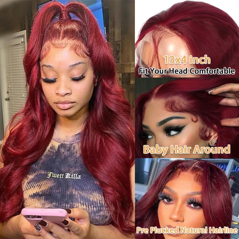 99j Burgundy Lace Front Wigs Human Hair Glueless Wine Red Colored Body Wave Wigs Pre Plucked with Baby Hair 180 Density 13x4 HD Transparent Frontal Wigs for Women