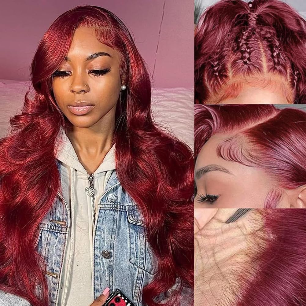 99j Burgundy Lace Front Wigs Human Hair Glueless Wine Red Colored Body Wave Wigs Pre Plucked with Baby Hair 180 Density 13x4 HD Transparent Frontal Wigs for Women