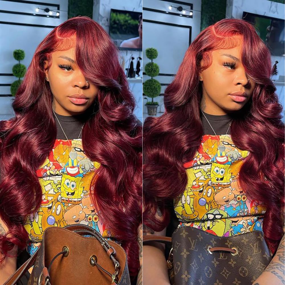 99j Burgundy Lace Front Wigs Human Hair Glueless Wine Red Colored Body Wave Wigs Pre Plucked with Baby Hair 180 Density 13x4 HD Transparent Frontal Wigs for Women