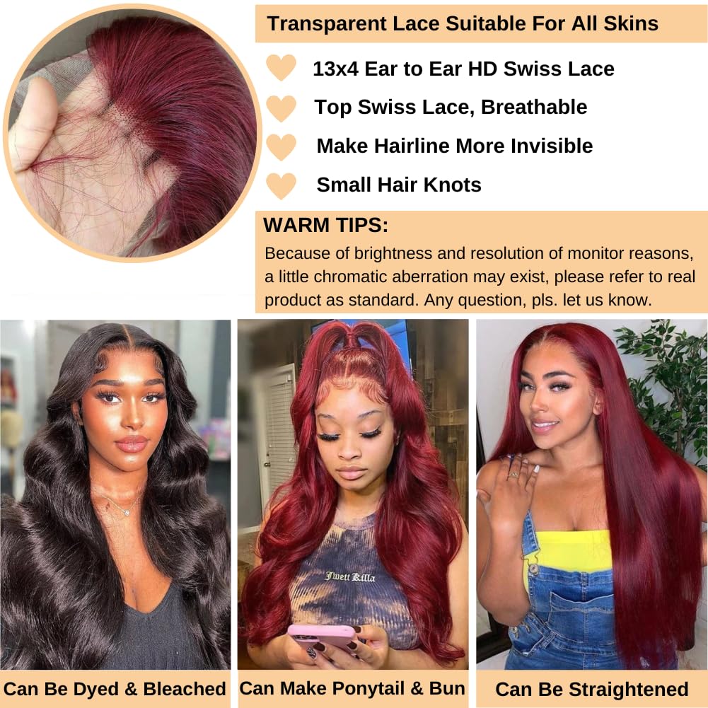 99j Burgundy Lace Front Wigs Human Hair Glueless Wine Red Colored Body Wave Wigs Pre Plucked with Baby Hair 180 Density 13x4 HD Transparent Frontal Wigs for Women