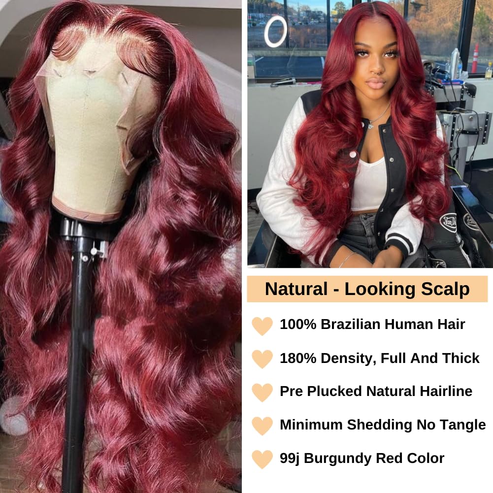 99j Burgundy Lace Front Wigs Human Hair Glueless Wine Red Colored Body Wave Wigs Pre Plucked with Baby Hair 180 Density 13x4 HD Transparent Frontal Wigs for Women