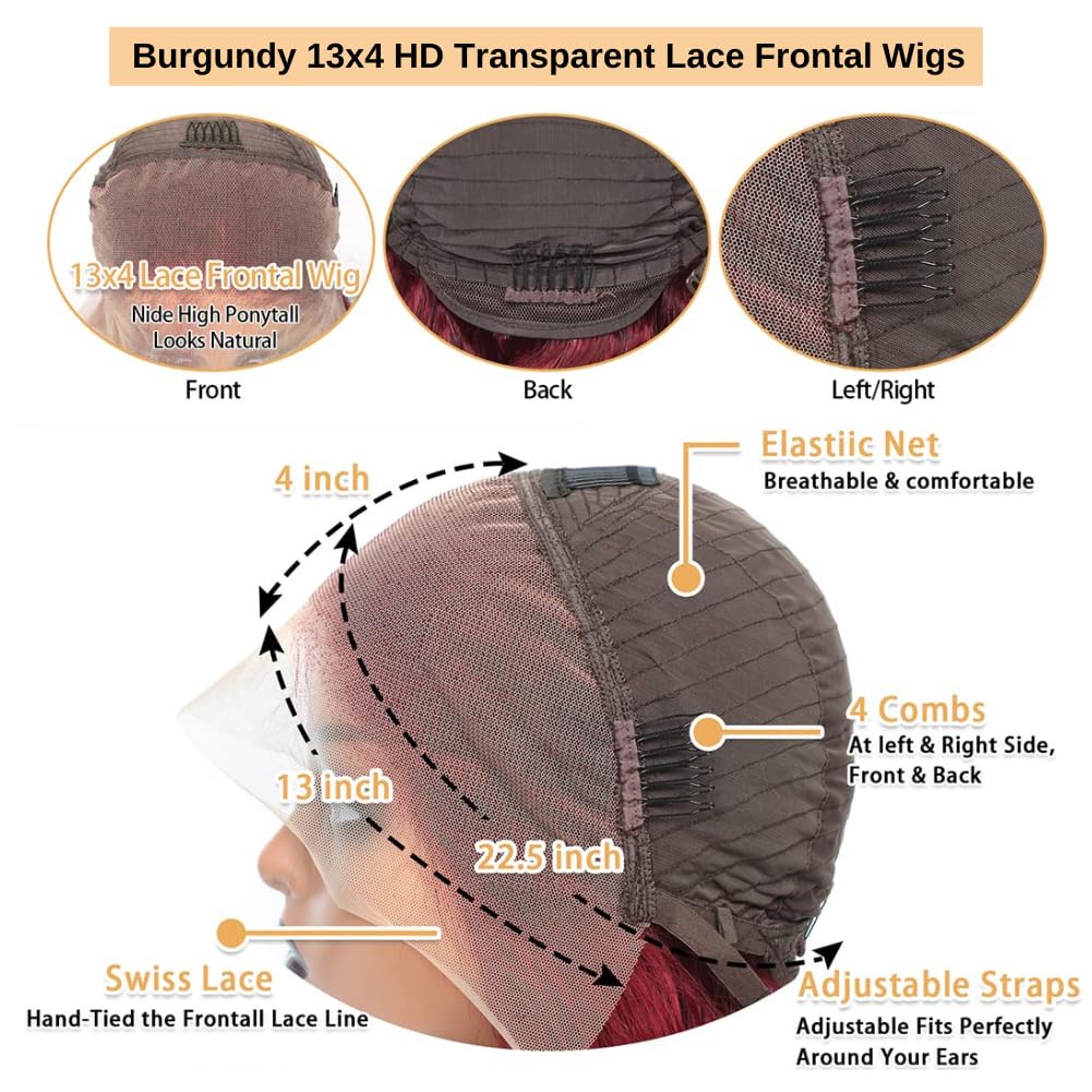 99j Burgundy Lace Front Wigs Human Hair Glueless Wine Red Colored Body Wave Wigs Pre Plucked with Baby Hair 180 Density 13x4 HD Transparent Frontal Wigs for Women