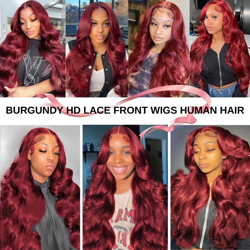 99j Burgundy Lace Front Wigs Human Hair Glueless Wine Red Colored Body Wave Wigs Pre Plucked with Baby Hair 180 Density 13x4 HD Transparent Frontal Wigs for Women