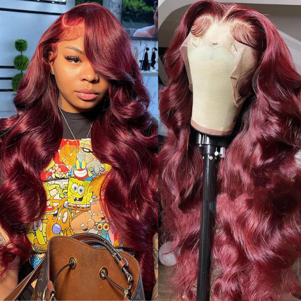 99j Burgundy Lace Front Wigs Human Hair Glueless Wine Red Colored Body Wave Wigs Pre Plucked with Baby Hair 180 Density 13x4 HD Transparent Frontal Wigs for Women