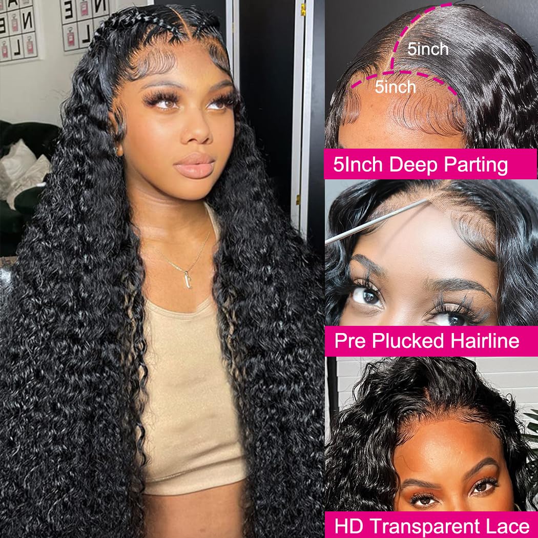 5x5 HD Lace Closure Glueless Wigs Human Hair Pre Plucked Brazilian Virgin Deep Wave Lace Front Wigs Human Hair 180% Density Closure Wig Natural Hairline