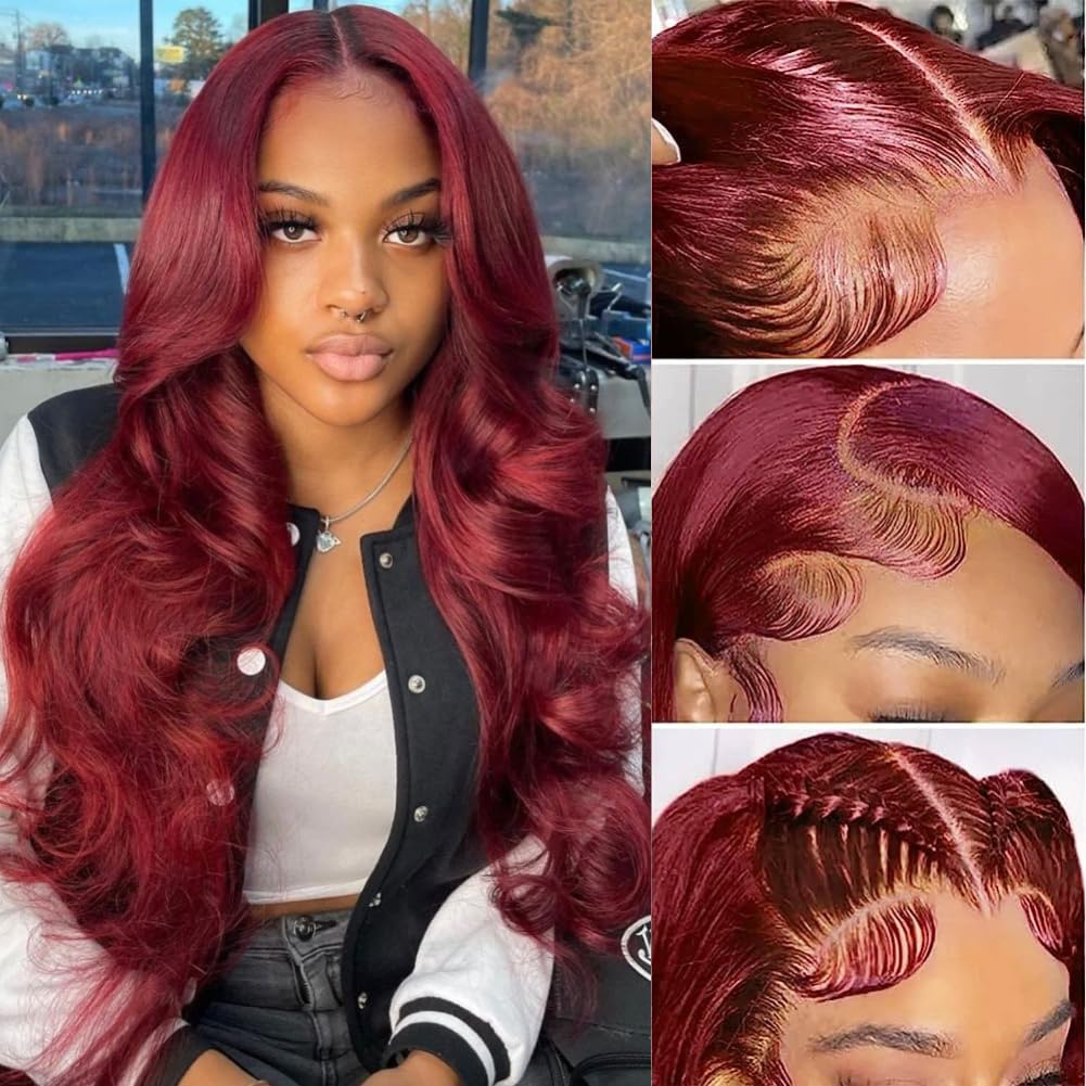 99j Burgundy Lace Front Wigs Human Hair Glueless Wine Red Colored Body Wave Wigs Pre Plucked with Baby Hair 180 Density 13x4 HD Transparent Frontal Wigs for Women