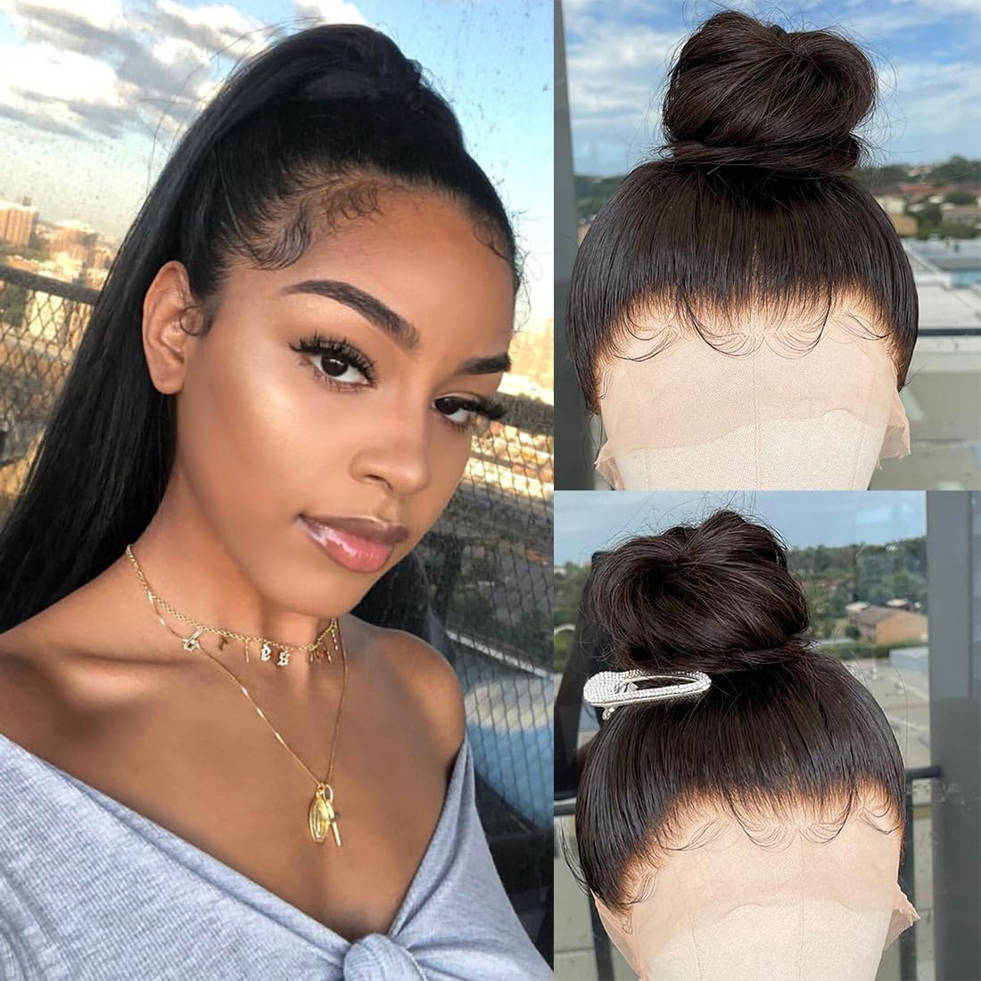 Real Full Lace Human Hair Wigs Straight Full Lace Wigs Preplucked Hairline Whole Lace Wig Free Part Natural Color Brazilian Human Hair Wigs for Black Women 150% Density 20inch