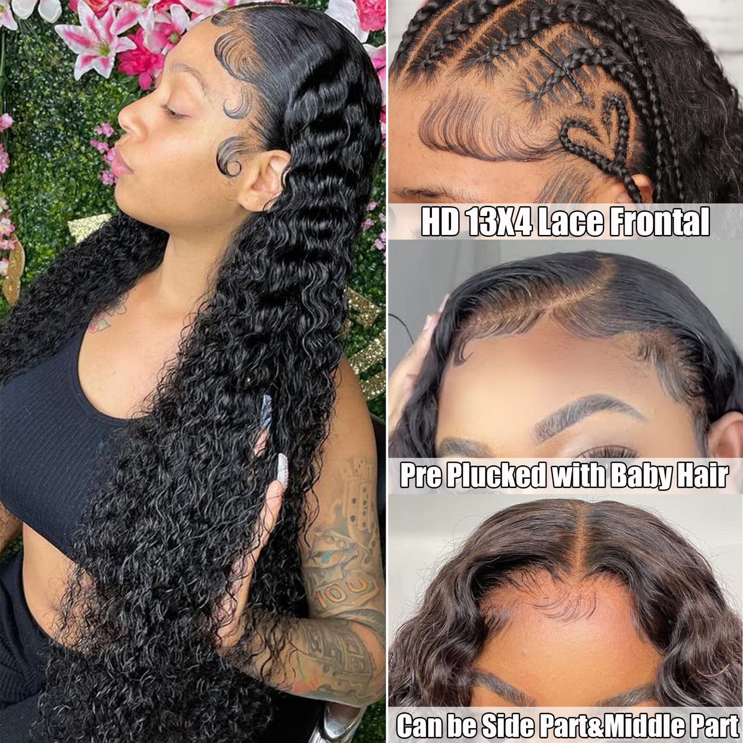 Deep Wave Lace Front Wigs Human Hair Wigs for Women 13x4 HD Transparent Deep Curly Lace Frontal Glueless Wigs Human Hair Pre Plucked With Baby Hair 150% Density Natural Color 24 Inch