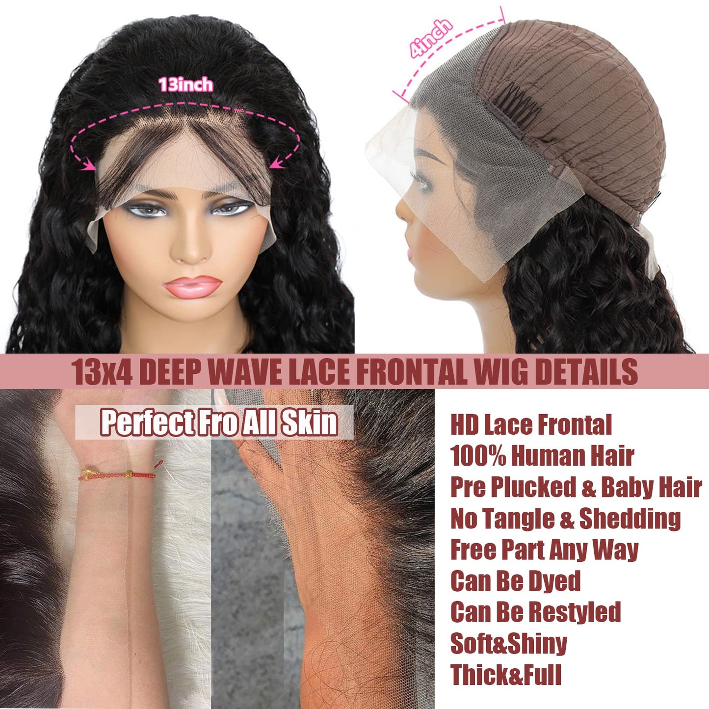 Deep Wave Lace Front Wigs Human Hair Wigs for Women 13x4 HD Transparent Deep Curly Lace Frontal Glueless Wigs Human Hair Pre Plucked With Baby Hair 150% Density Natural Color 24 Inch